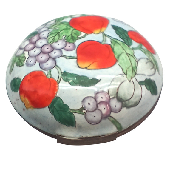 Vintage Hand Painted Round Porcelain Trinket Jewelry Box Copper Tone Hinged Lid - Picture 6 of 8